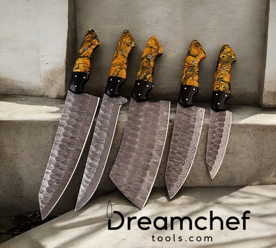 13” Damascus Steel Chef Knife – Epoxy Resin Handle, Leather Sheath - KitchenCraftedGoods