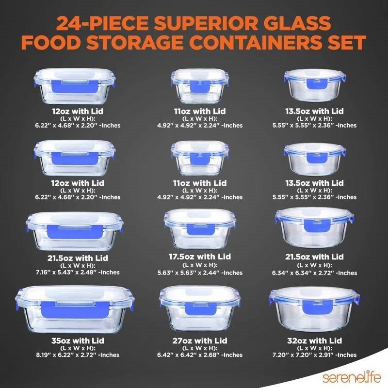 24 - Piece Glass Food Storage Container Set with Snap Lids - KitchenCraftedGoods