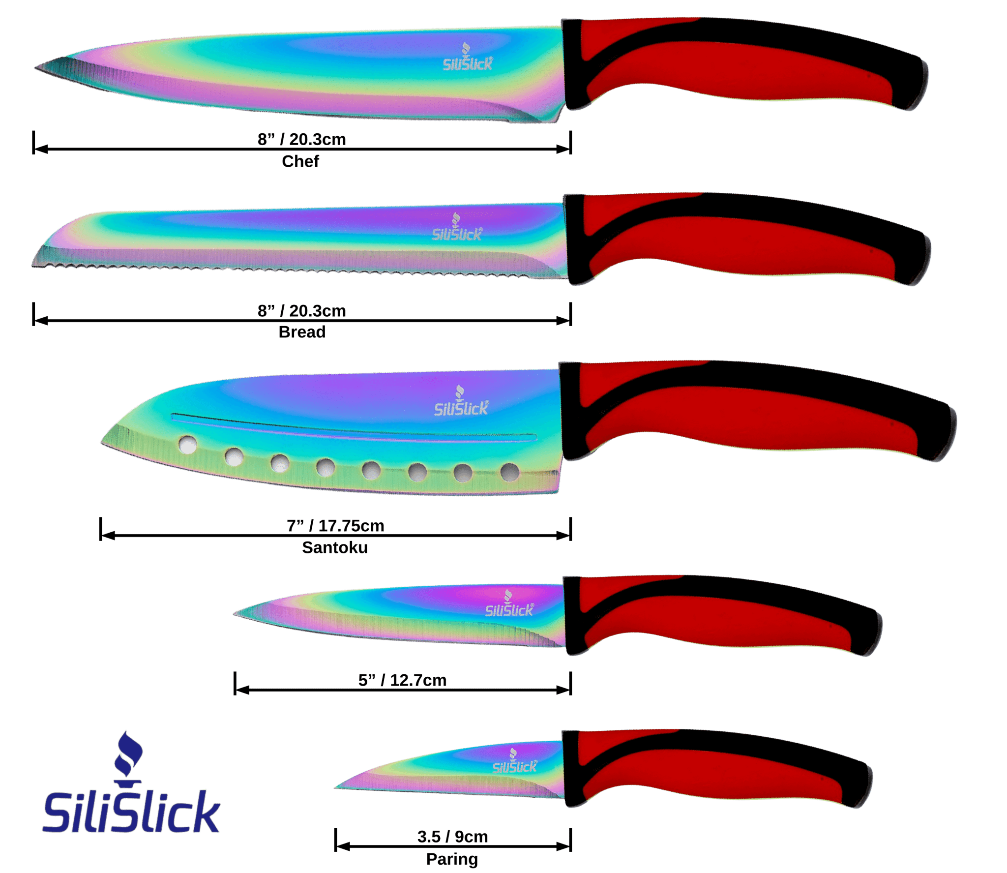 5 - Piece Kitchen Knife Set with Magnetic Rack – Non - Stick Titanium Blades & Red Handles - KitchenCraftedGoods