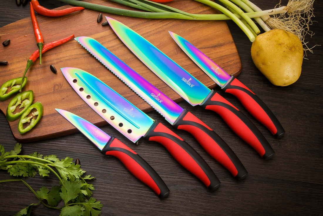 5 - Piece Kitchen Knife Set with Magnetic Rack – Non - Stick Titanium Blades & Red Handles - KitchenCraftedGoods