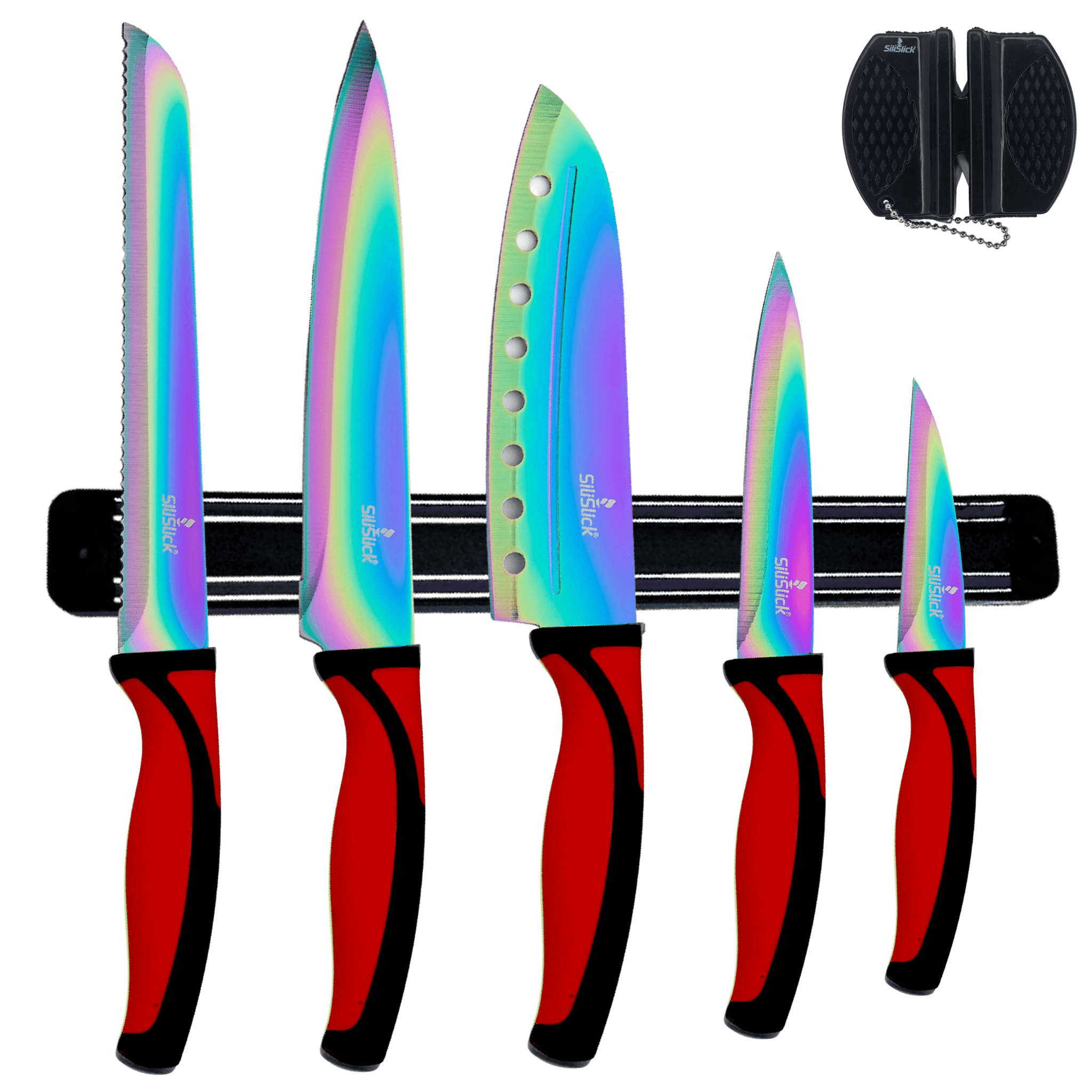 5 - Piece Kitchen Knife Set with Magnetic Rack – Non - Stick Titanium Blades & Red Handles - KitchenCraftedGoods