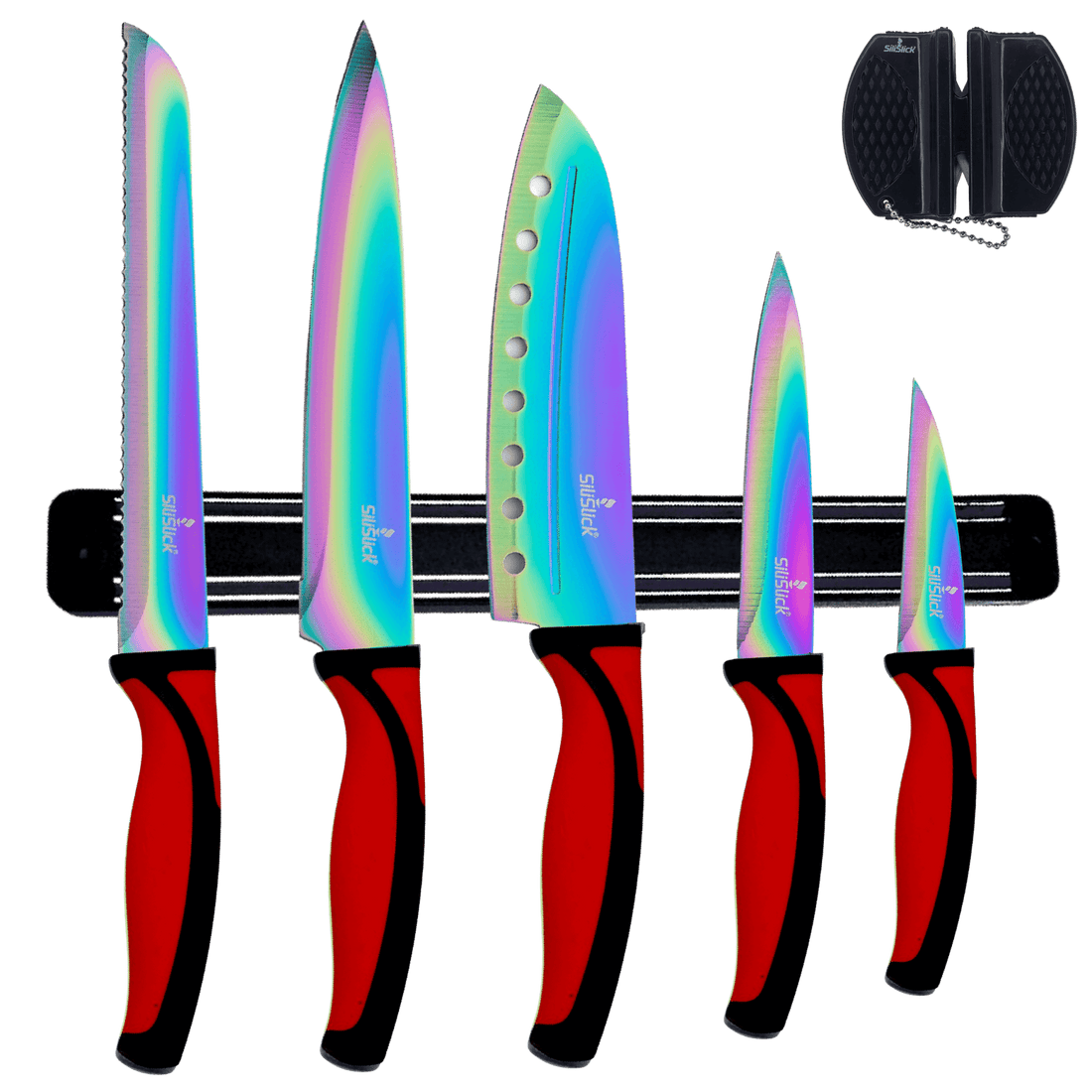5 - Piece Kitchen Knife Set with Magnetic Rack – Non - Stick Titanium Blades & Red Handles - KitchenCraftedGoods
