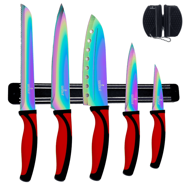 5 - Piece Kitchen Knife Set with Magnetic Rack – Non - Stick Titanium Blades & Red Handles - KitchenCraftedGoods