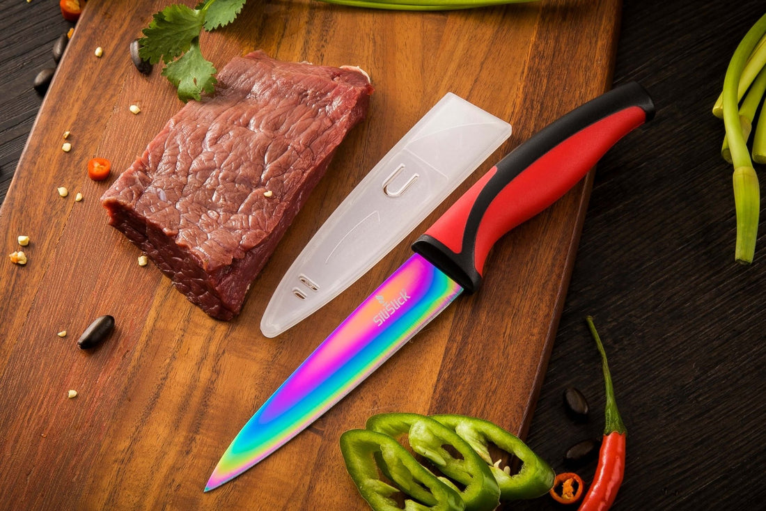5 - Piece Kitchen Knife Set with Magnetic Rack – Non - Stick Titanium Blades & Red Handles - KitchenCraftedGoods