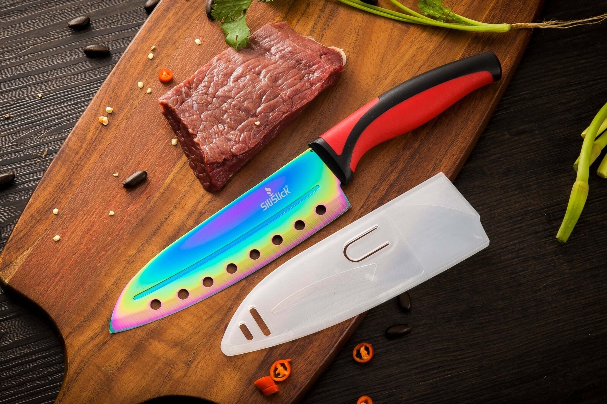 5 - Piece Kitchen Knife Set with Magnetic Rack – Non - Stick Titanium Blades & Red Handles - KitchenCraftedGoods