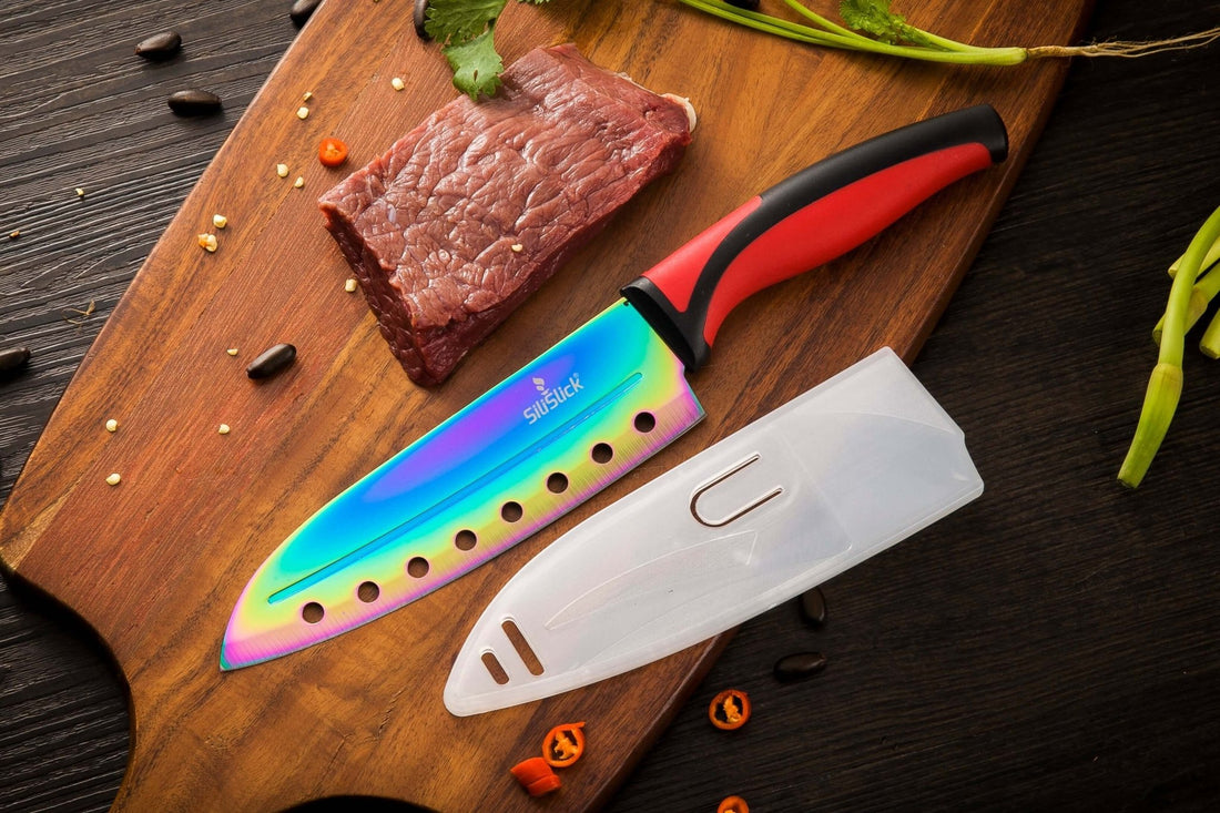 5 - Piece Kitchen Knife Set with Magnetic Rack – Non - Stick Titanium Blades & Red Handles - KitchenCraftedGoods