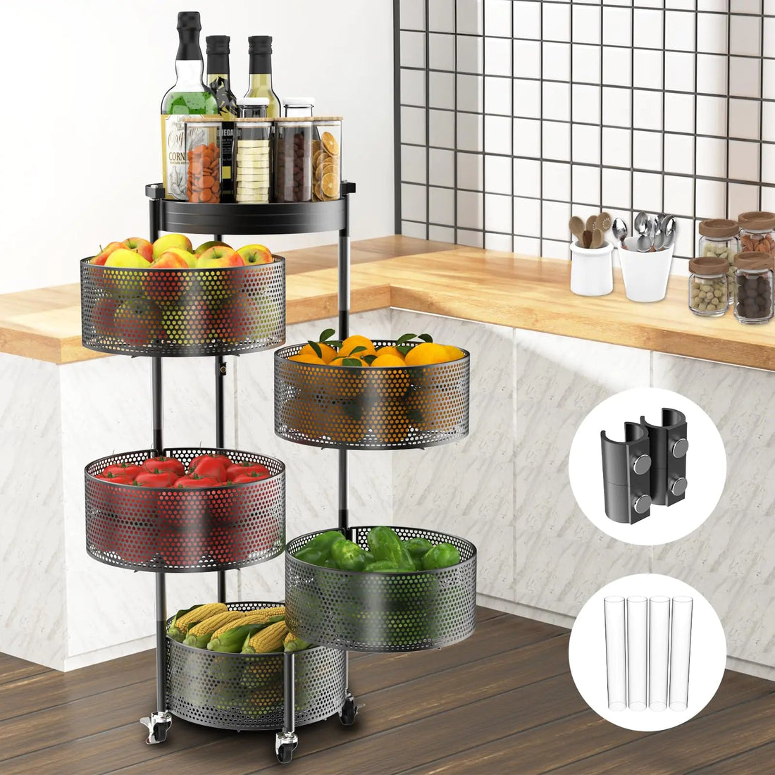 5 - Tier Rotating Kitchen Storage Cart with Metal Lid & Wheels - KitchenCraftedGoods