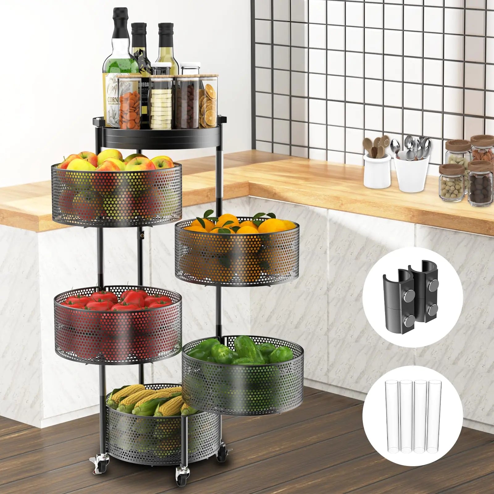 5 - Tier Rotating Kitchen Storage Cart with Metal Lid & Wheels - KitchenCraftedGoods