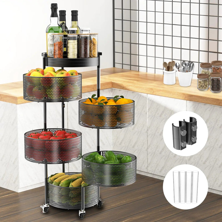 5 - Tier Rotating Kitchen Storage Cart with Metal Lid & Wheels - KitchenCraftedGoods