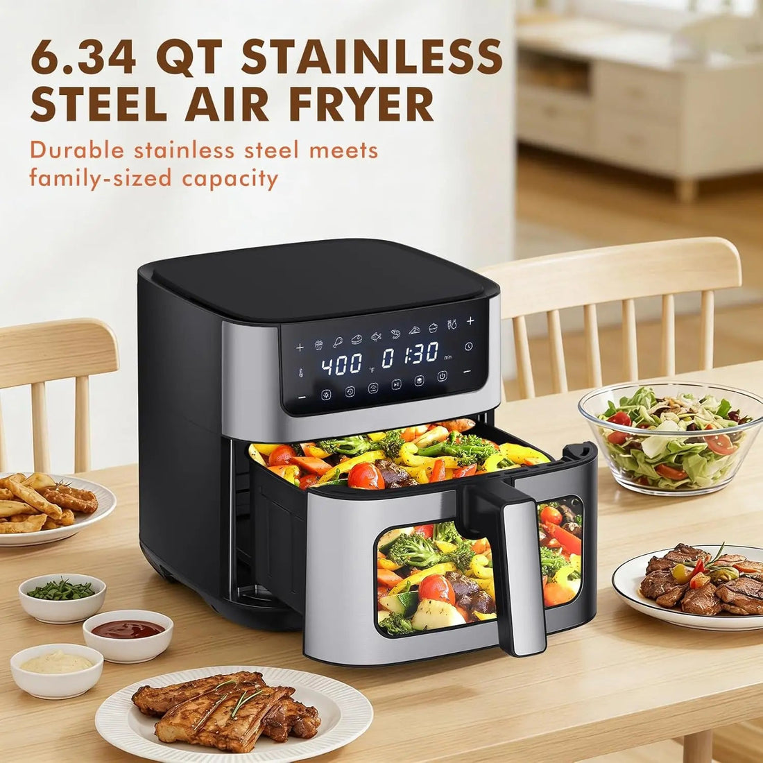 6.34QT Air Fryer with Viewing Window, 8 Presets, 400°F Max Heat – Large Capacity Digital Air Fryer for Crispy Fries, Chicken, Steak & Healthy Cooking (Black) - KitchenCraftedGoods
