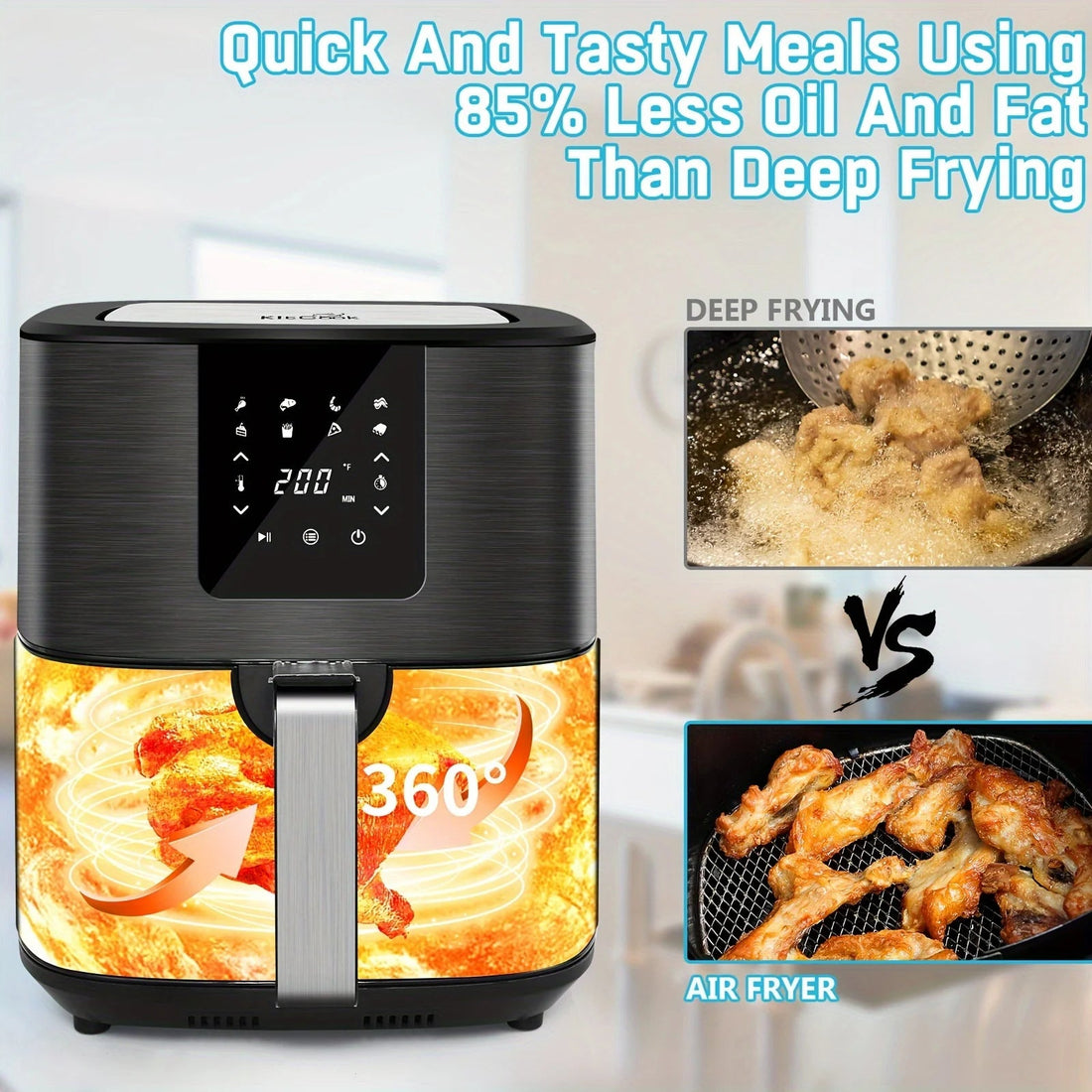 7QT Large Air Fryer 1500W, Digital Touch Screen, 8 Presets, Adjustable 100–400°F, Nonstick Basket, Oil - Free Cooker for Healthy Cooking (Black) - KitchenCraftedGoods