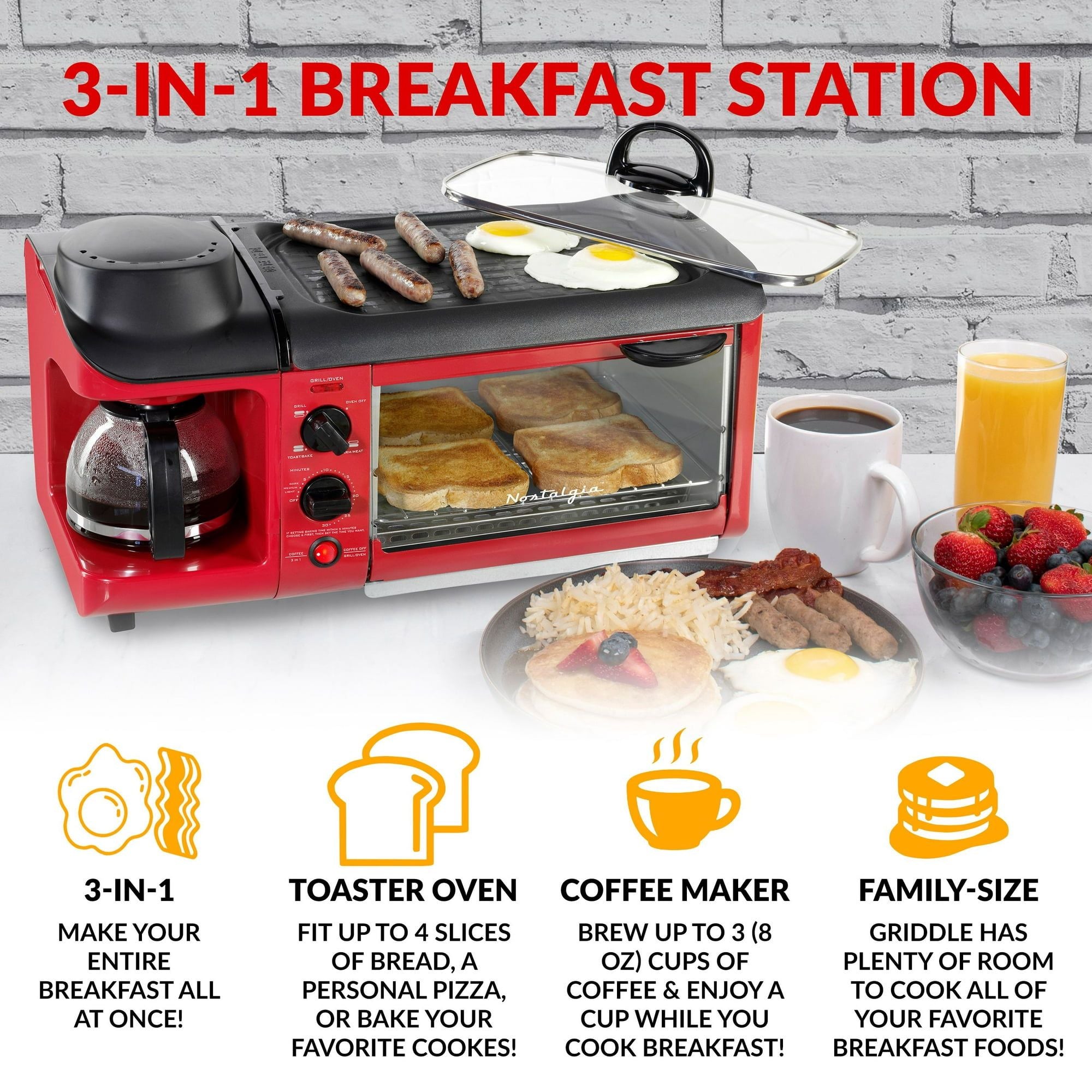Nostalgia Retro 3-in-1 Family Breakfast Station Red