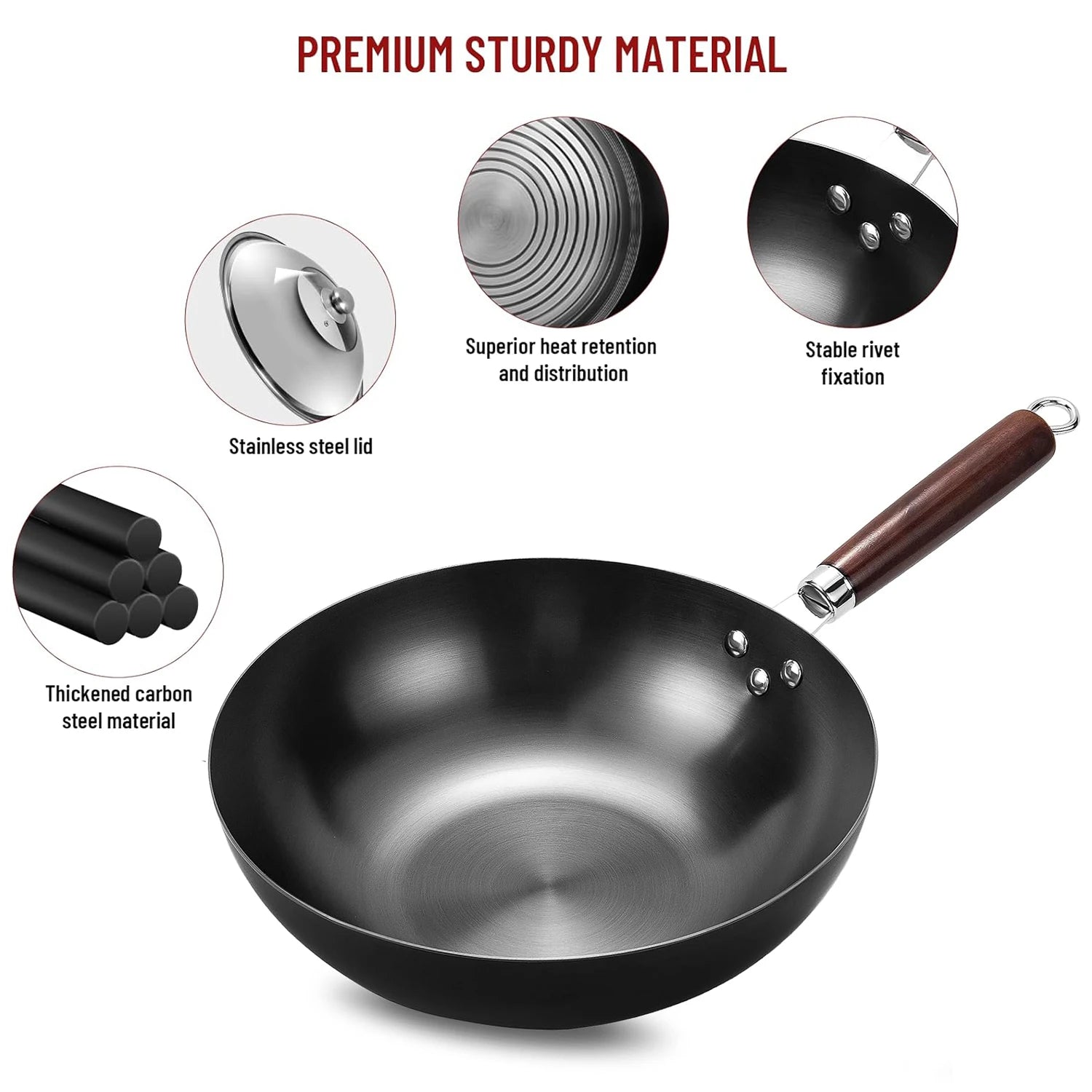 32cm Flat Bottom Wok Pan – Nonstick Iron Stir Fry Pan for Induction, Electric & Gas Cooktops, Large Skillet for Stir Fry, Noodles & Cooking