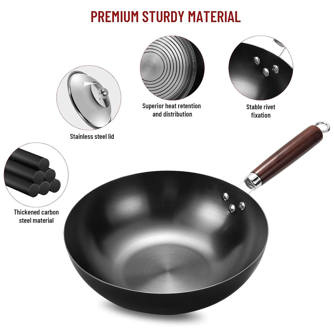 32cm Flat Bottom Wok Pan – Nonstick Iron Stir Fry Pan for Induction, Electric & Gas Cooktops, Large Skillet for Stir Fry, Noodles & Cooking