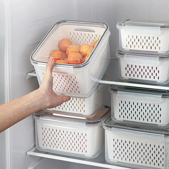 DecorBites™ Fridge Storage Containers with Drain Basket for Kitchen Organization