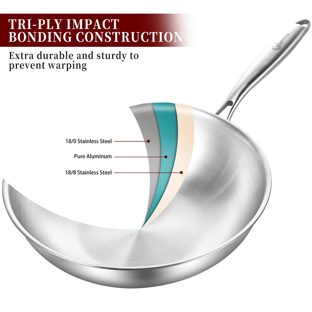 Tri-Ply Stainless Steel Wok Pan with Lid – Induction Compatible Stir Fry Pan, Detachable Handle, Oven & Dishwasher Safe, Multi-Size Professional Cooking Wok