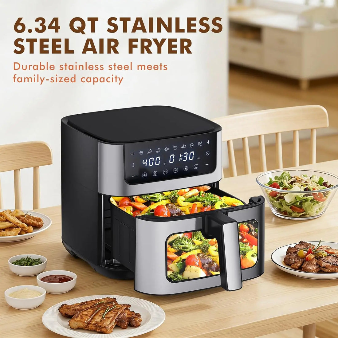 6.34QT Air Fryer with Viewing Window, 8 Presets, 400°F Max Heat – Large Capacity Digital Air Fryer for Crispy Fries, Chicken, Steak & Healthy Cooking (Black)