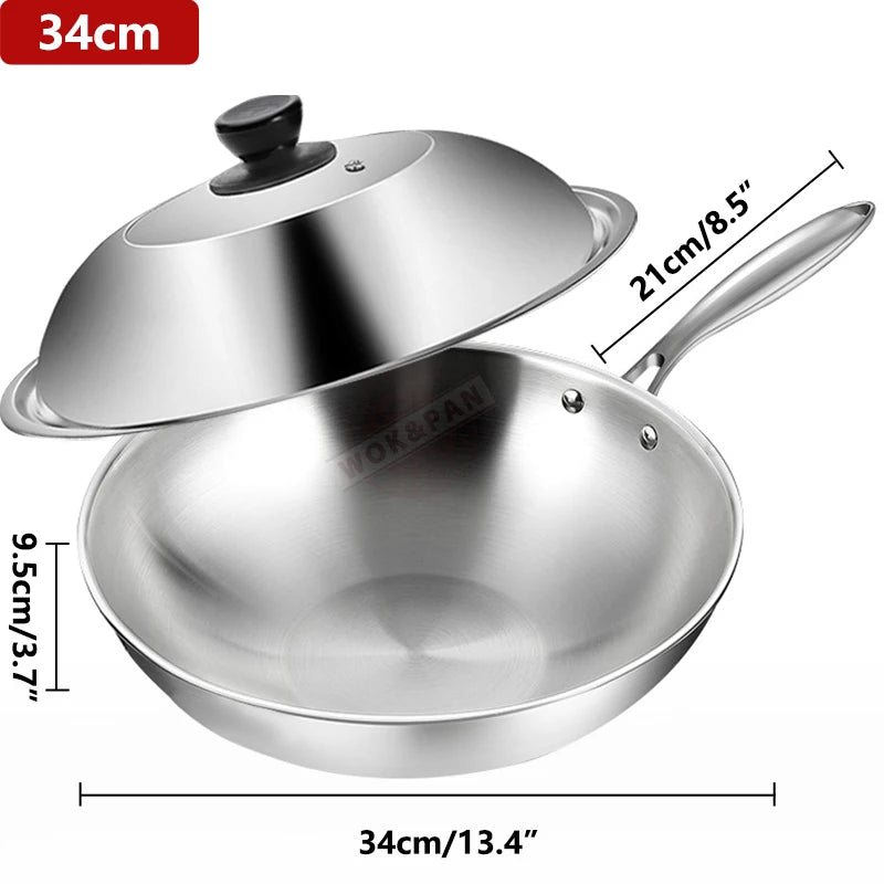 Tri-Ply Stainless Steel Wok Pan with Lid – Induction Compatible Stir Fry Pan, Detachable Handle, Oven & Dishwasher Safe, Multi-Size Professional Cooking Wok