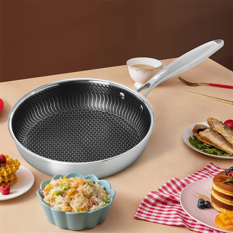 Stainless Steel Nonstick Frying Pan with Lid – Honeycomb Skillet for Induction, Gas & Electric Cooktops, Scratch-Resistant Fry Pan (Multiple Sizes)