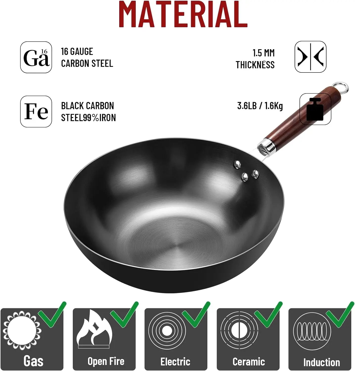 32cm Flat Bottom Wok Pan – Nonstick Iron Stir Fry Pan for Induction, Electric & Gas Cooktops, Large Skillet for Stir Fry, Noodles & Cooking