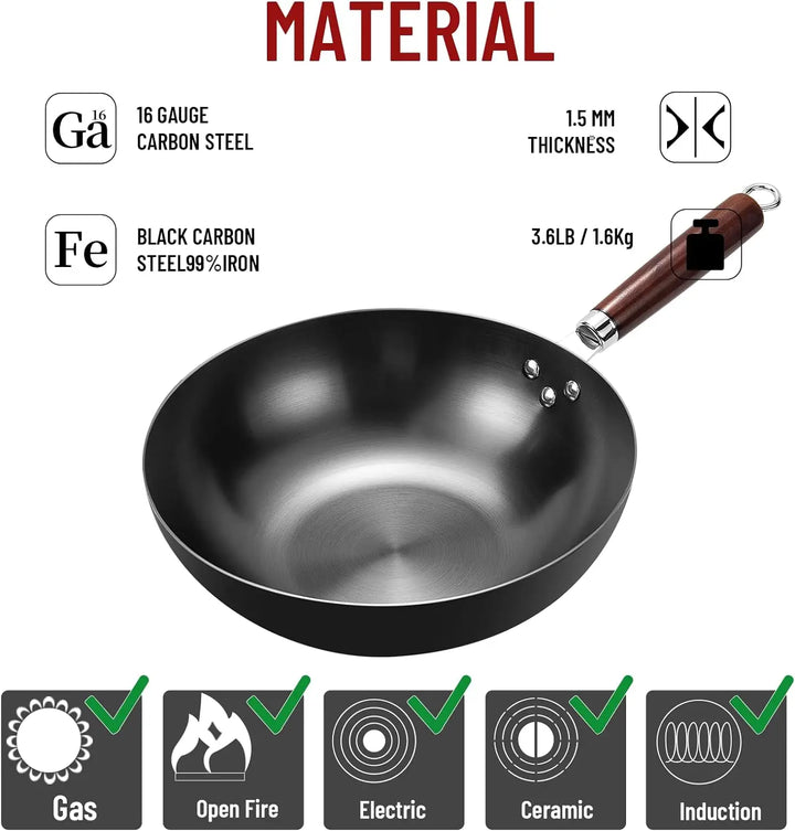 32cm Flat Bottom Wok Pan – Nonstick Iron Stir Fry Pan for Induction, Electric & Gas Cooktops, Large Skillet for Stir Fry, Noodles & Cooking