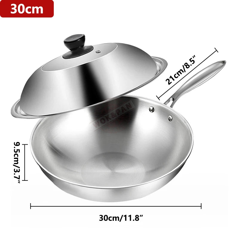 Tri-Ply Stainless Steel Wok Pan with Lid – Induction Compatible Stir Fry Pan, Detachable Handle, Oven & Dishwasher Safe, Multi-Size Professional Cooking Wok