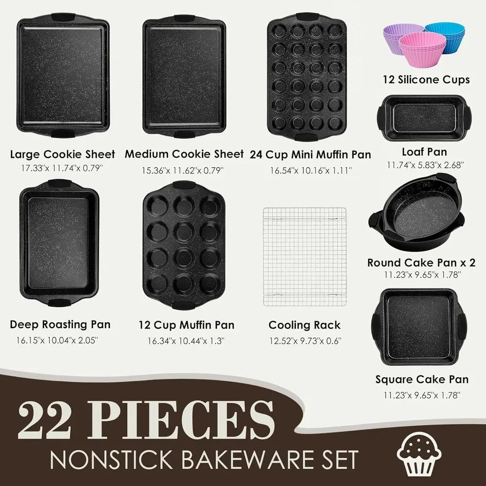 22-Piece Nonstick Bakeware Set – Stackable Baking Pans with Silicone Handles, Oven-Safe Baking Set Including Cookie Sheets, Cake & Roasting Pans