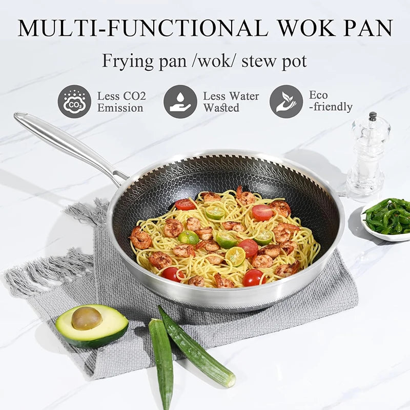 316 Stainless Steel Wok Pan – Honeycomb Nonstick Stir Fry Pan, Deep Skillet for Induction, Gas & Electric Cooktops (28cm/30cm)