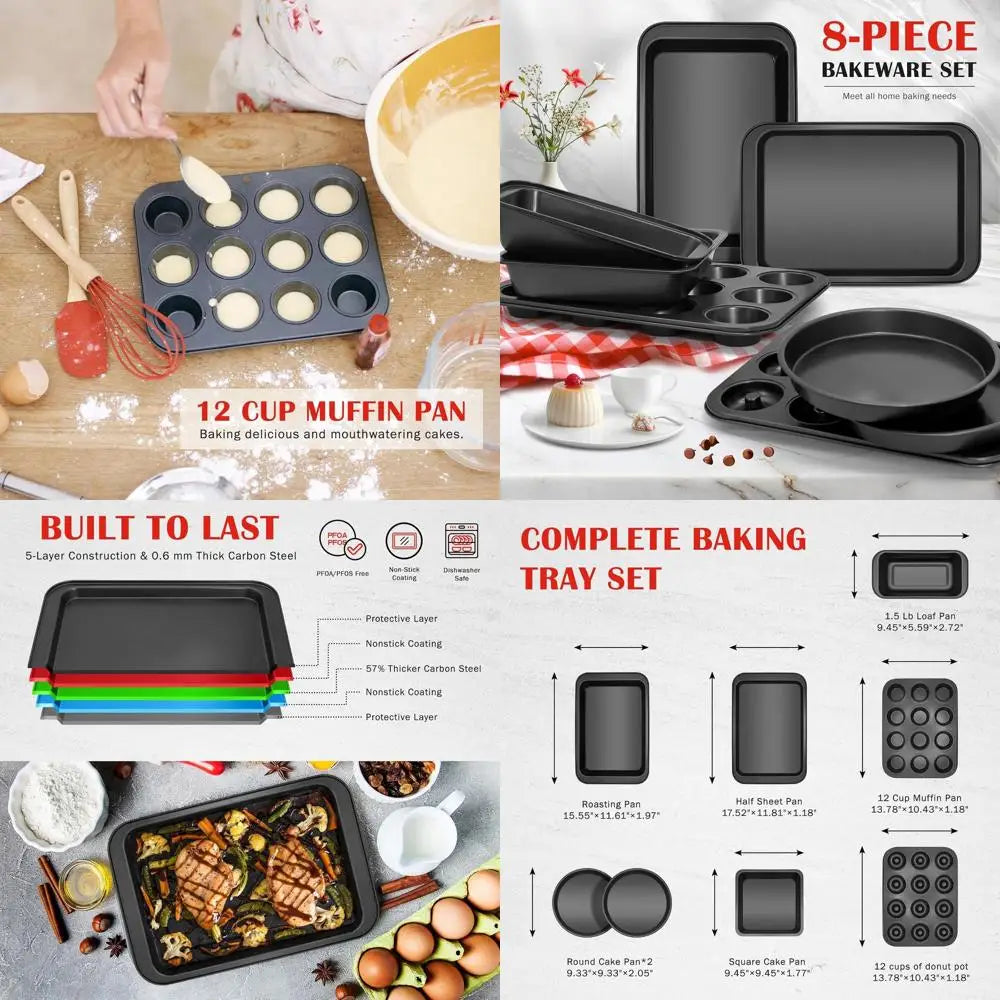 8-Piece Nonstick Bakeware Set – Baking Pan Set with Muffin, Donut, Cake, Loaf & Cookie Sheets, Oven-Safe Baking Essentials