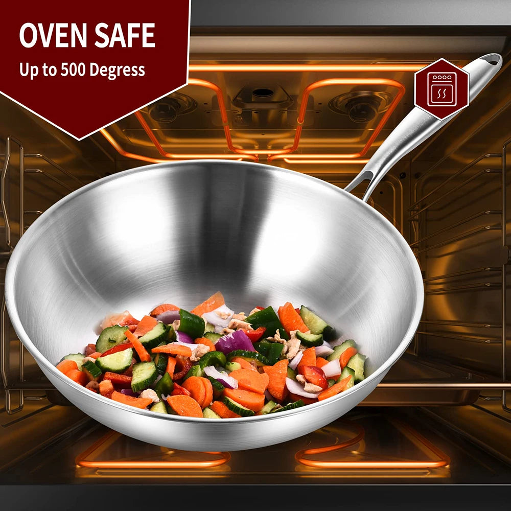 Tri-Ply Stainless Steel Wok Pan with Lid – Induction Compatible Stir Fry Pan, Detachable Handle, Oven & Dishwasher Safe, Multi-Size Professional Cooking Wok