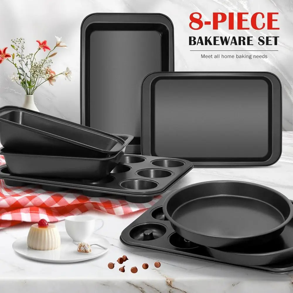 8-Piece Nonstick Bakeware Set – Baking Pan Set with Muffin, Donut, Cake, Loaf & Cookie Sheets, Oven-Safe Baking Essentials