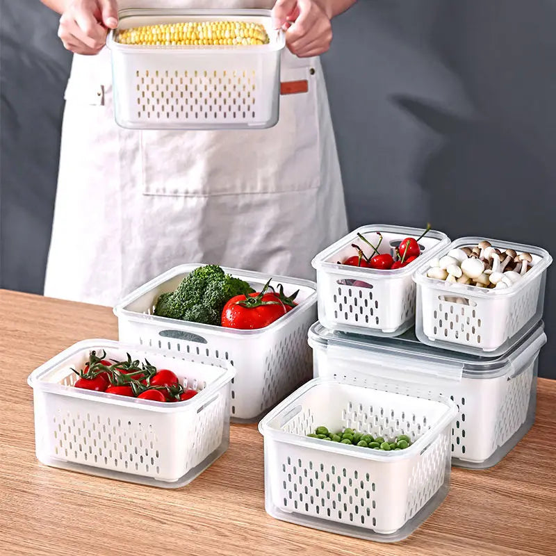 DecorBites™ Fridge Storage Containers with Drain Basket for Kitchen Organization