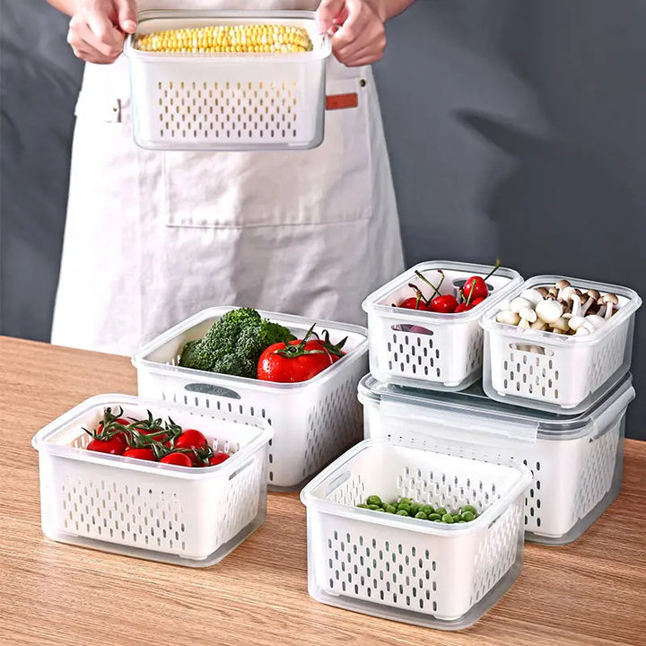 DecorBites™ Fridge Storage Containers with Drain Basket for Kitchen Organization