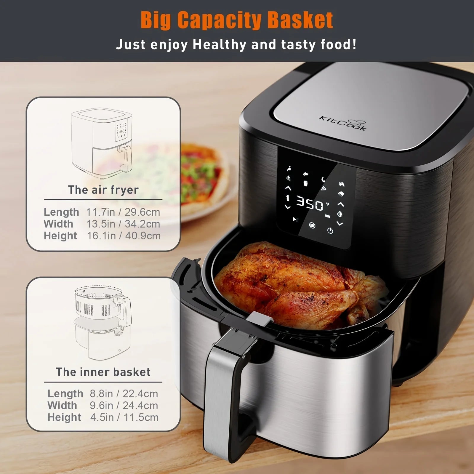 7QT Large Air Fryer 1500W, Digital Touch Screen, 8 Presets, Adjustable 100–400°F, Nonstick Basket, Oil-Free Cooker for Healthy Cooking (Black)