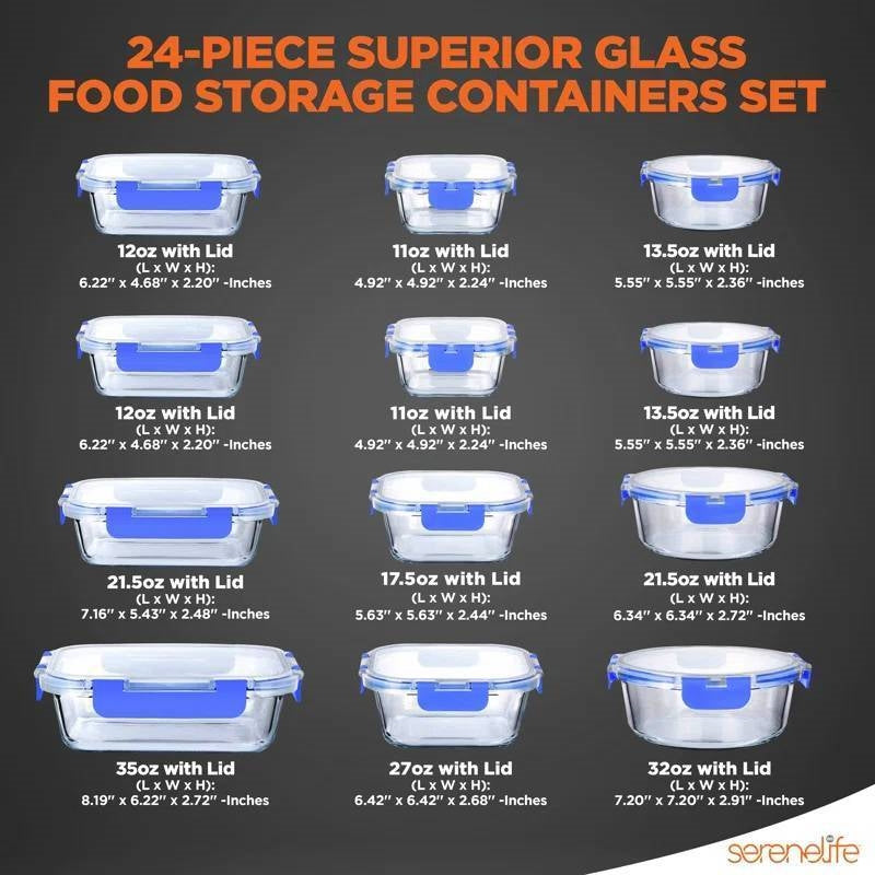 24-Piece Glass Food Storage Container Set with Snap Lids