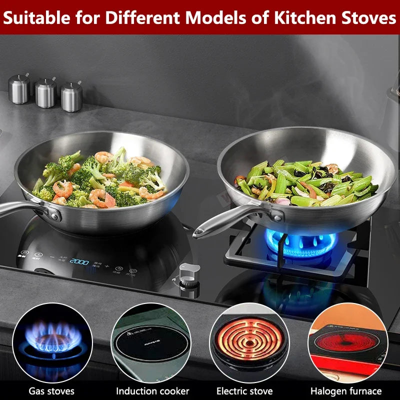 Tri-Ply Stainless Steel Wok Pan with Lid – Induction Compatible Stir Fry Pan, Detachable Handle, Oven & Dishwasher Safe, Multi-Size Professional Cooking Wok