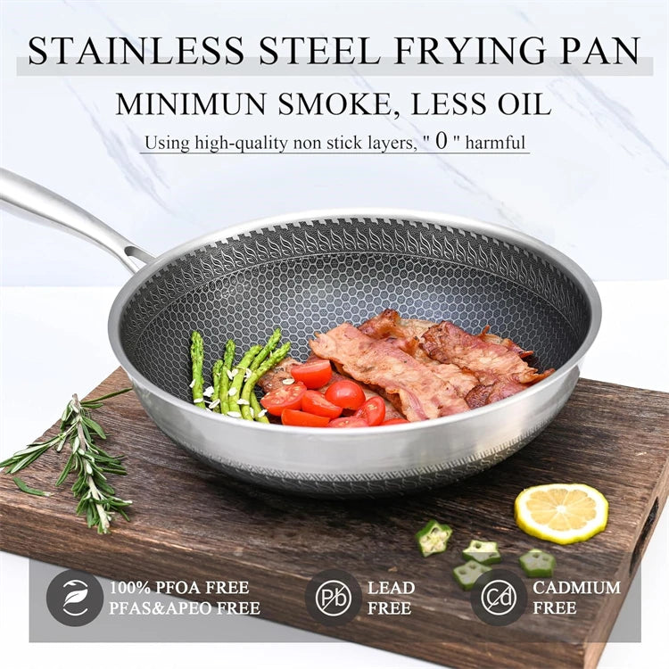 316 Stainless Steel Wok Pan – Honeycomb Nonstick Stir Fry Pan, Induction Compatible Deep Skillet for Gas & Electric Cooktops (28cm/30cm)