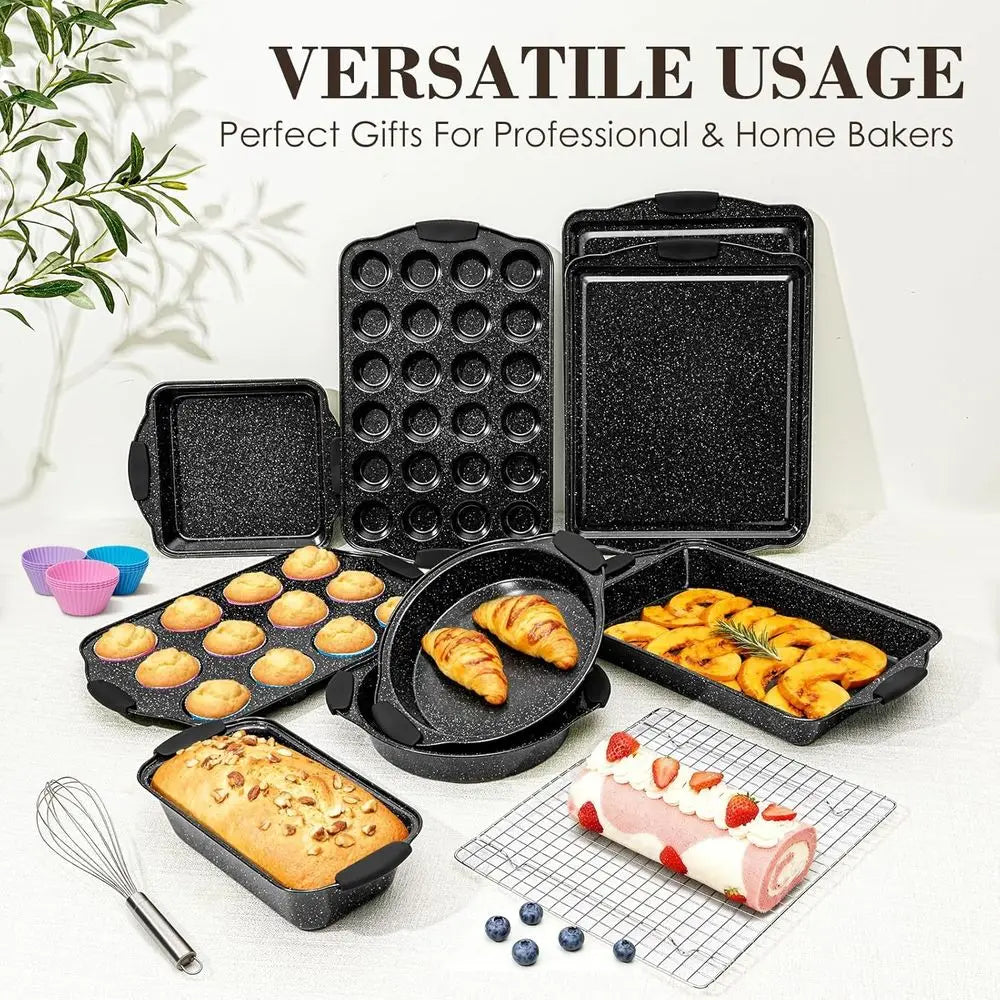 22-Piece Nonstick Bakeware Set – Stackable Baking Pans with Silicone Handles, Oven-Safe Baking Set Including Cookie Sheets, Cake & Roasting Pans