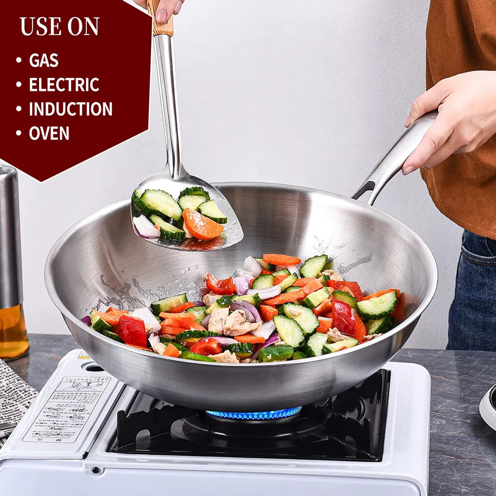 Tri-Ply Stainless Steel Wok Pan with Lid – Induction Compatible Stir Fry Pan, Detachable Handle, Oven & Dishwasher Safe, Multi-Size Professional Cooking Wok