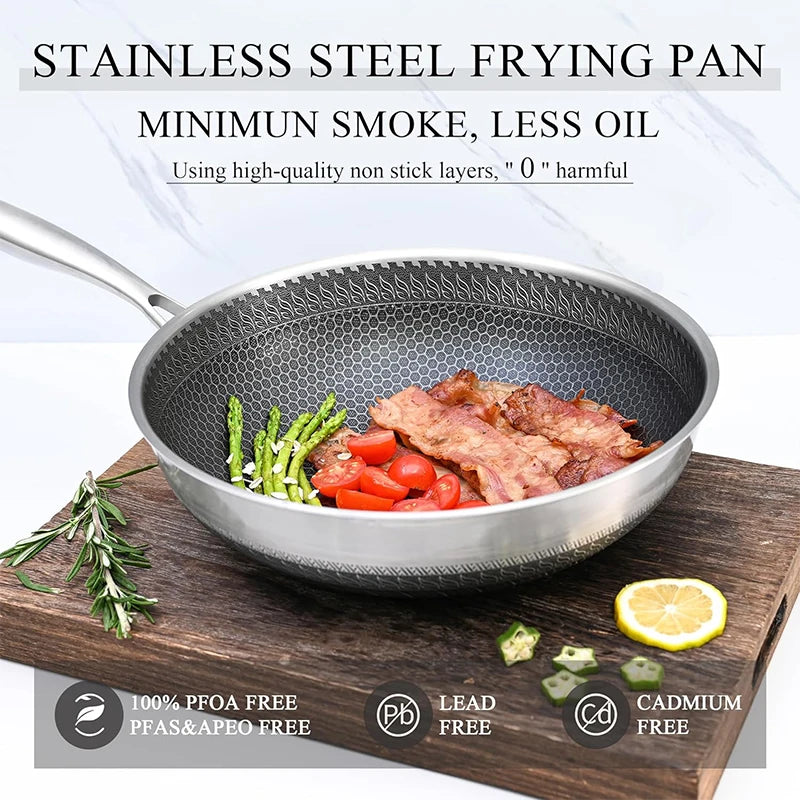 316 Stainless Steel Wok Pan – Honeycomb Nonstick Stir Fry Pan, Induction Compatible Deep Skillet for Gas & Electric Cooktops (28cm/30cm)