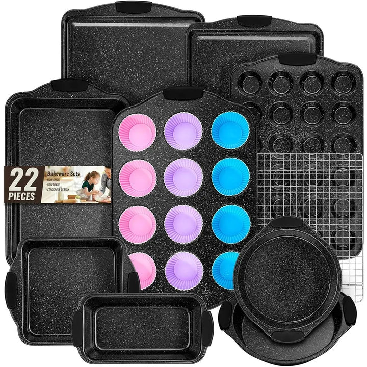 22-Piece Nonstick Bakeware Set – Stackable Baking Pans with Silicone Handles, Oven-Safe Baking Set Including Cookie Sheets, Cake & Roasting Pans