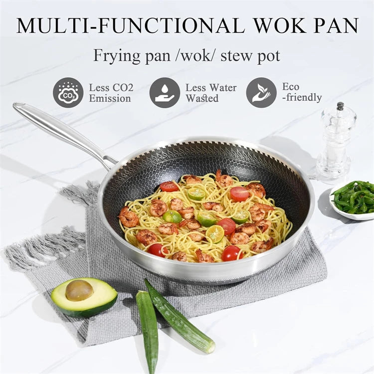 316 Stainless Steel Wok Pan – Honeycomb Nonstick Stir Fry Pan, Induction Compatible Deep Skillet for Gas & Electric Cooktops (28cm/30cm)