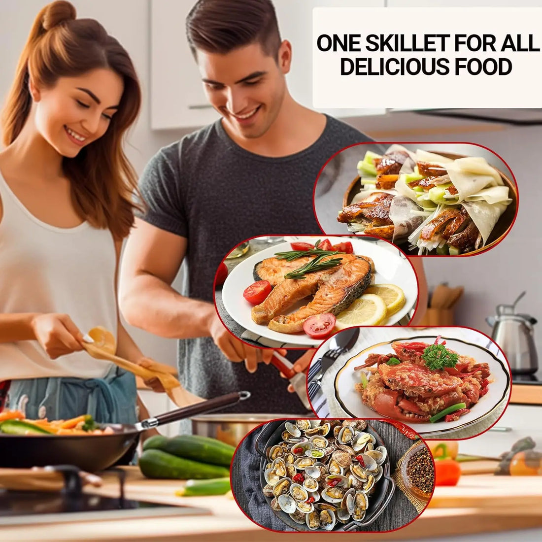 32cm Flat Bottom Wok Pan – Nonstick Iron Stir Fry Pan for Induction, Electric & Gas Cooktops, Large Skillet for Stir Fry, Noodles & Cooking