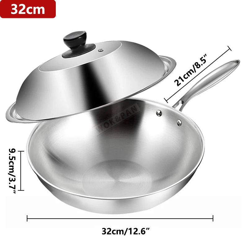 Tri-Ply Stainless Steel Wok Pan with Lid – Induction Compatible Stir Fry Pan, Detachable Handle, Oven & Dishwasher Safe, Multi-Size Professional Cooking Wok