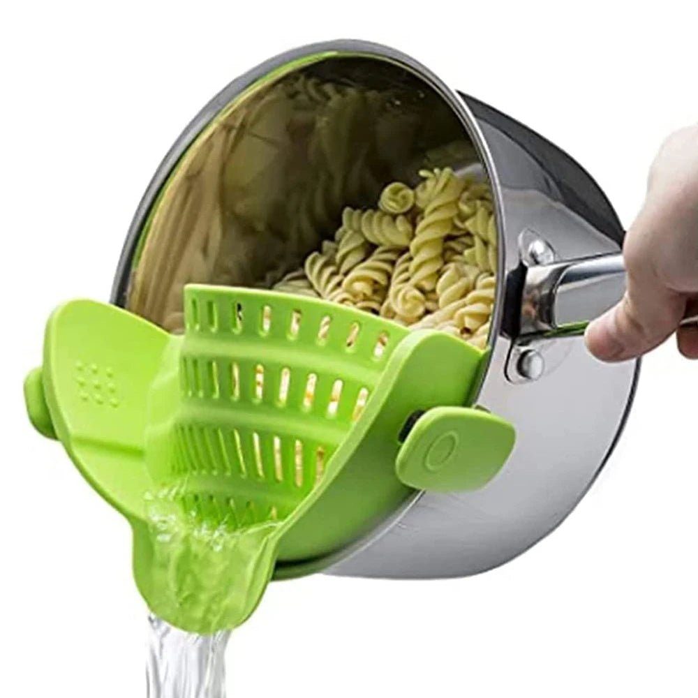 Clip - On Silicone Kitchen Strainer for Pots & Pans – Heat Resistant Pasta, Vegetable & Fruit Colander Drain Rack - KitchenCraftedGoods