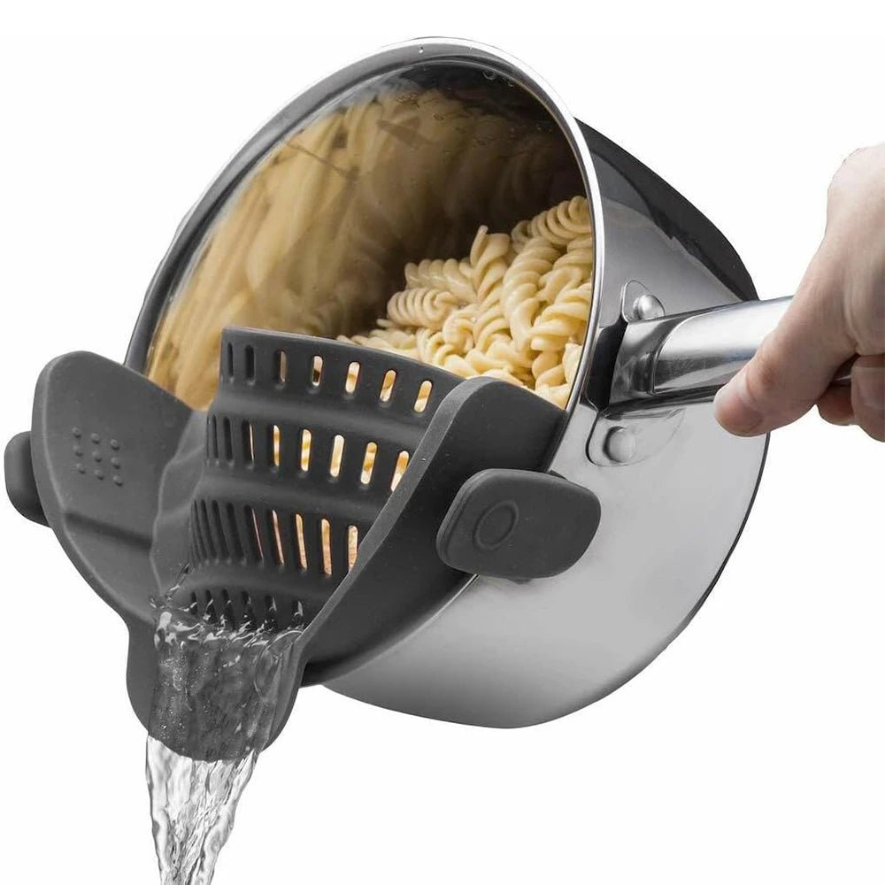 Clip - On Silicone Kitchen Strainer for Pots & Pans – Heat Resistant Pasta, Vegetable & Fruit Colander Drain Rack - KitchenCraftedGoods