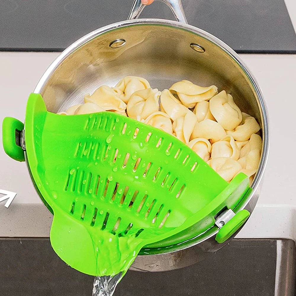 Clip - On Silicone Kitchen Strainer for Pots & Pans – Heat Resistant Pasta, Vegetable & Fruit Colander Drain Rack - KitchenCraftedGoods