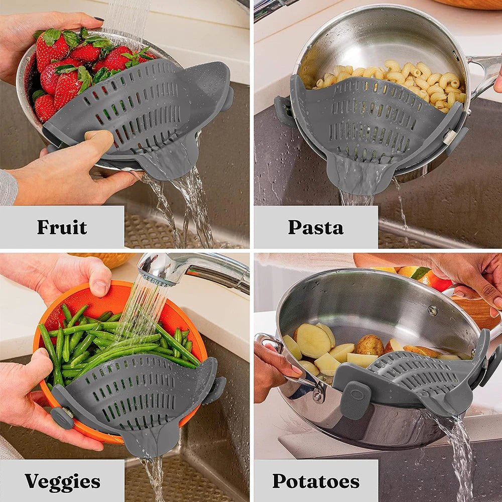 Clip - On Silicone Kitchen Strainer for Pots & Pans – Heat Resistant Pasta, Vegetable & Fruit Colander Drain Rack - KitchenCraftedGoods