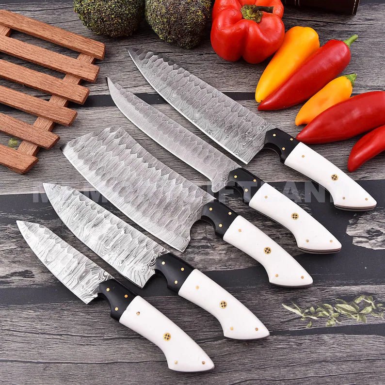 Damascus Cooking Knife Set with Leather Case – Handcrafted Steel Blades 8–13 Inch - KitchenCraftedGoods