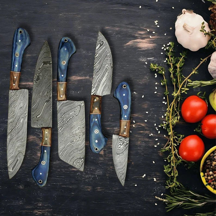 Damascus Knife Set with Leather Case – Hand - Forged Chef Knives 8–13 Inch - KitchenCraftedGoods